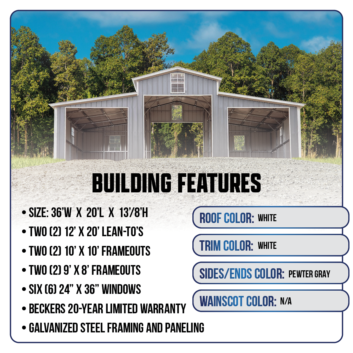 36'W x 20'L x 13'/8'H Metal Horse Barn