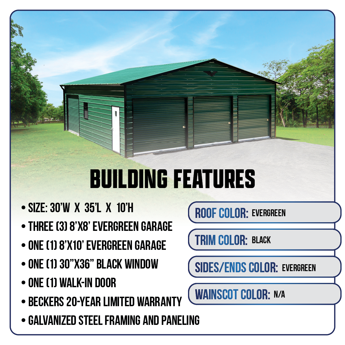 30'W x 35'L x 10'H 3-Bay Green Garage