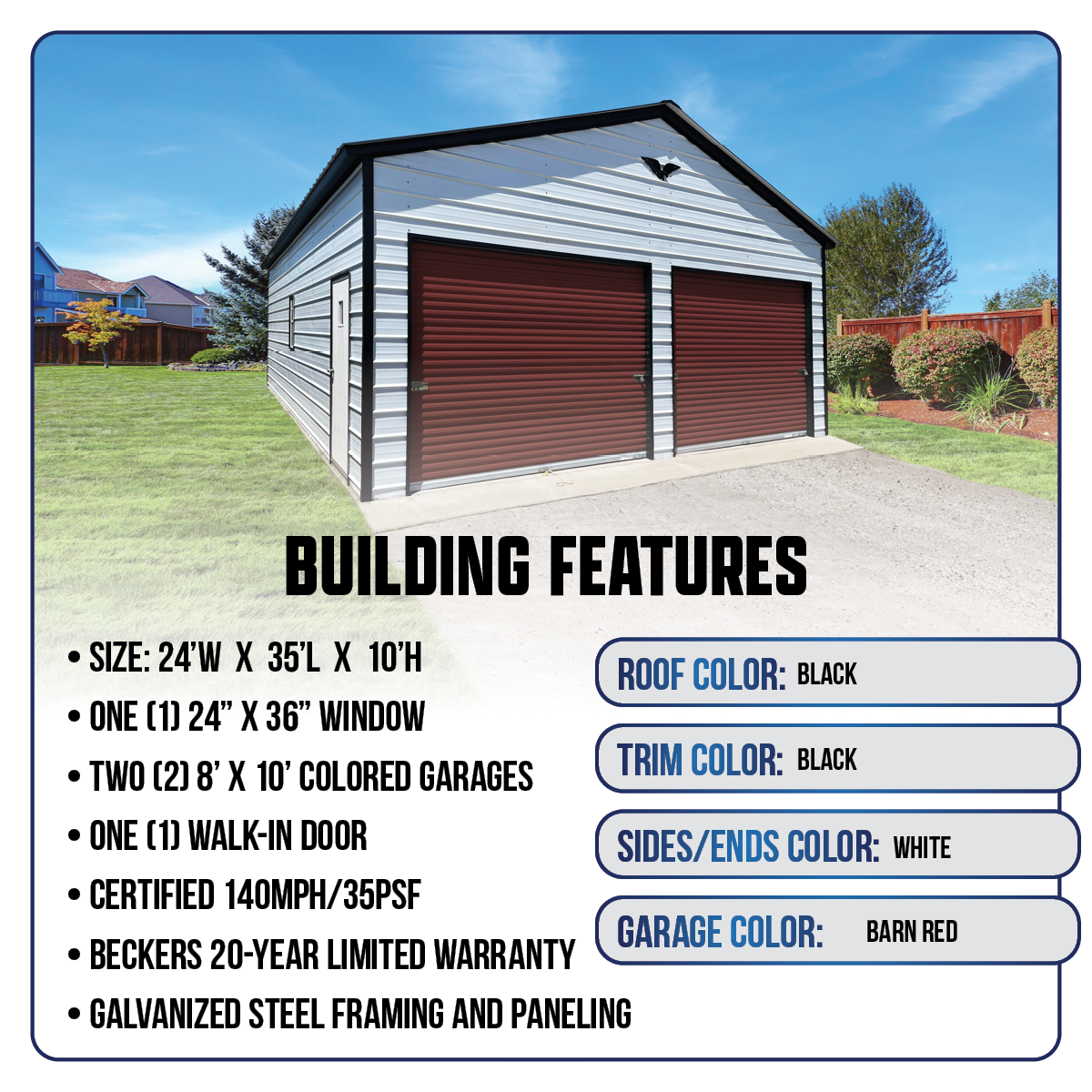 24'W x 35'L x 10'H Double Metal Garage
