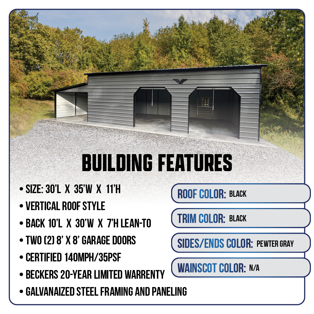 30'W x 35'L x 11'H Custom Metal Garage