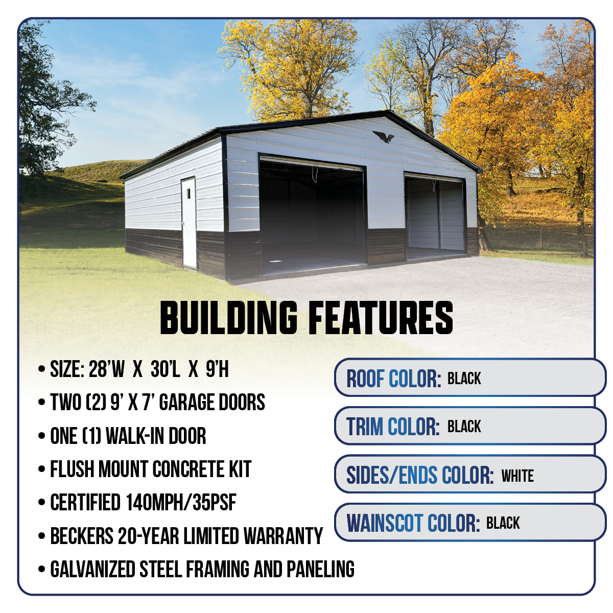 28' x 30' x 9'  Double Metal Garage