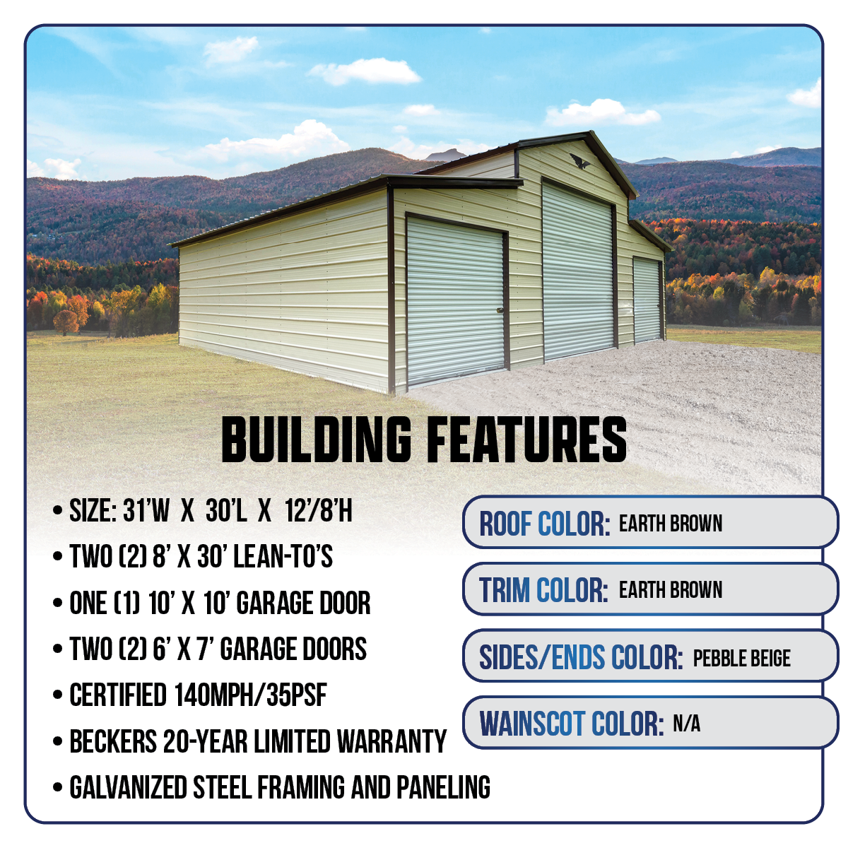 31' x 30' x 12'/8'  Metal Horse Barn