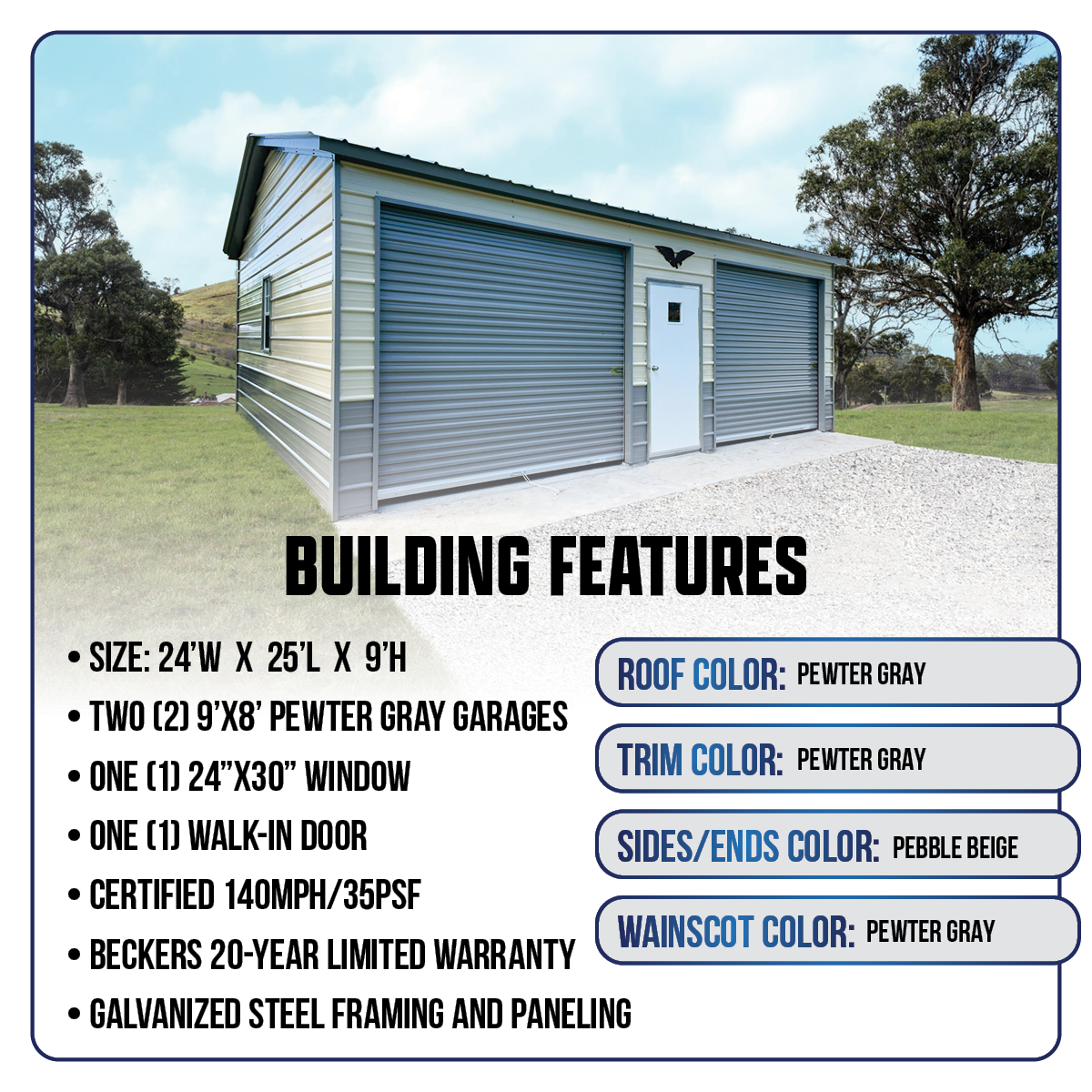 24'W x 25'L x 9'H Double Metal Garage