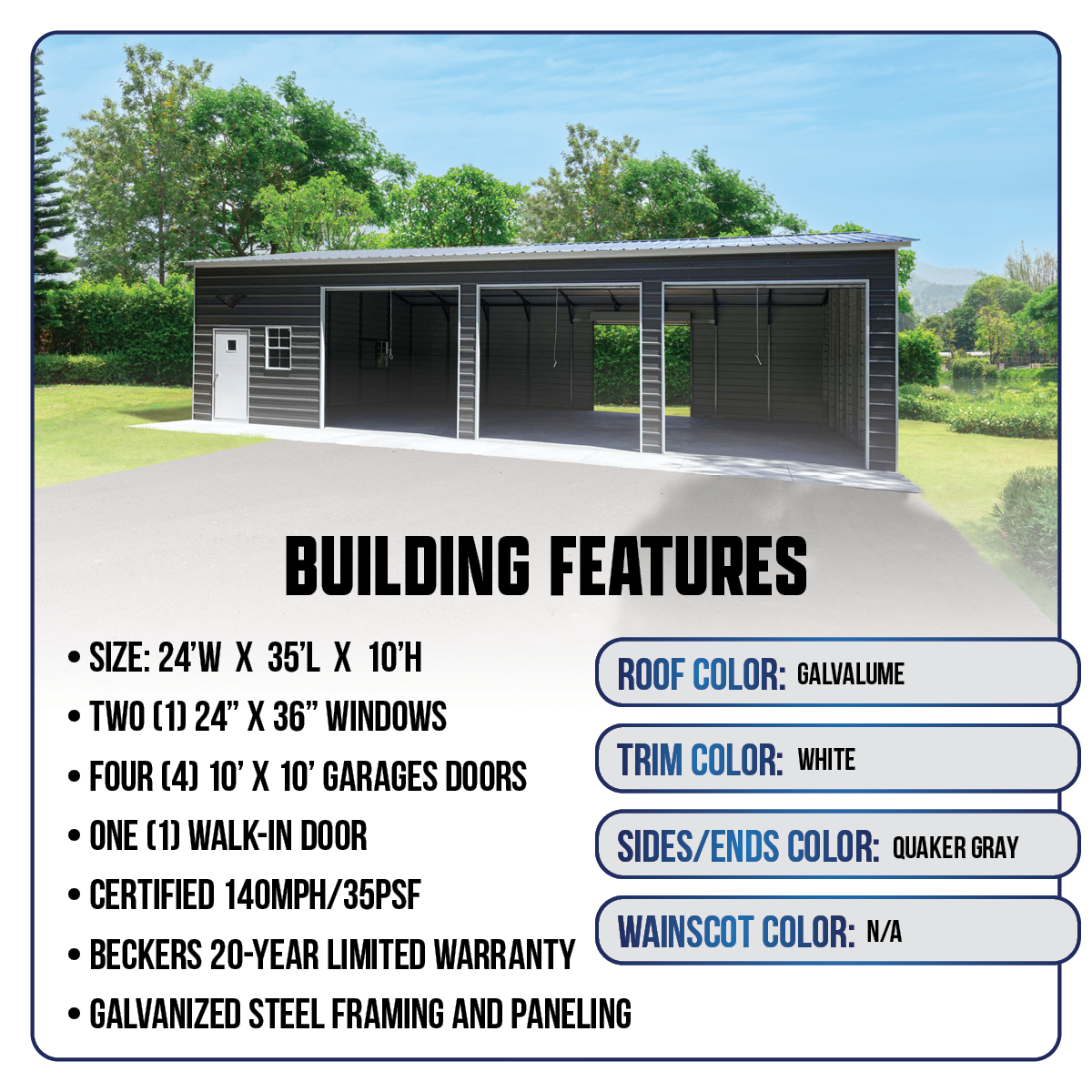 30'W x 45'L x 12'H 3-Bay Metal Garage