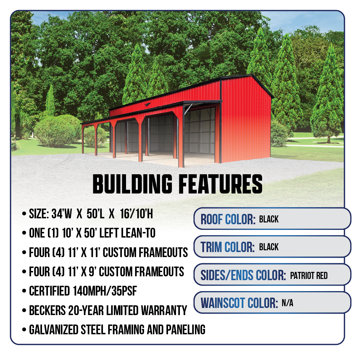 34'W x 50'L x 16'/10'H Custom 4-Bay Garage