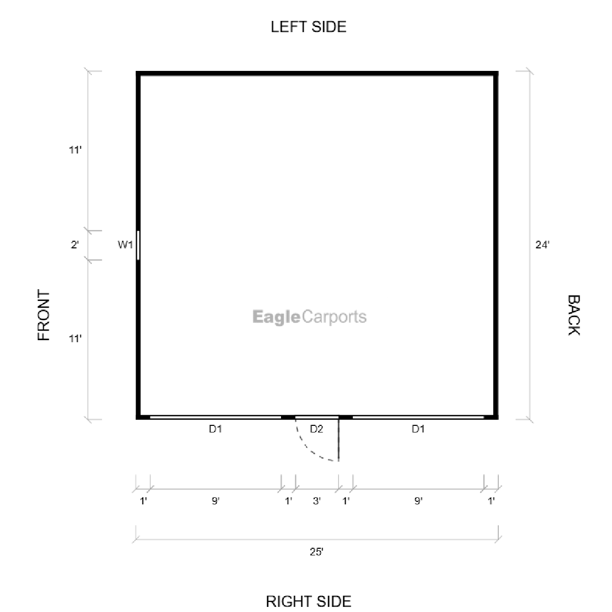 24'W x 25'L x 9'H Double Metal Garage