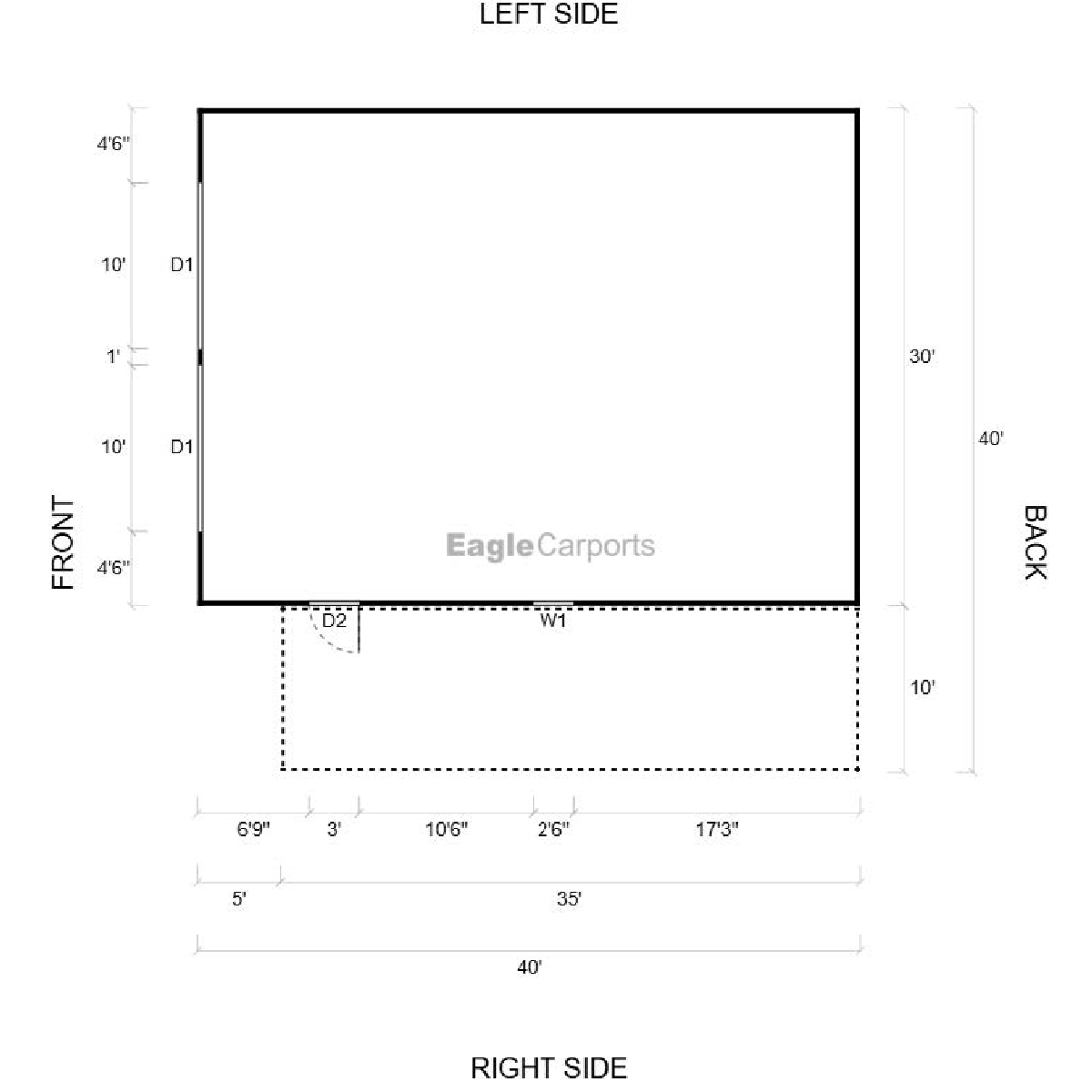 40' x 40' x 10'/6'  Garage with Lean-To