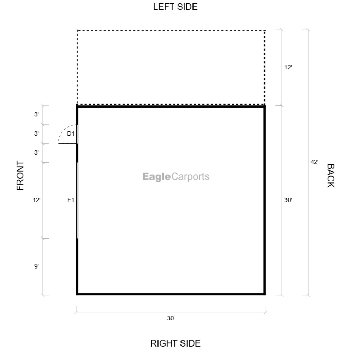 42'W x 30'L x 12'9'H Metal Garage with Lean-To