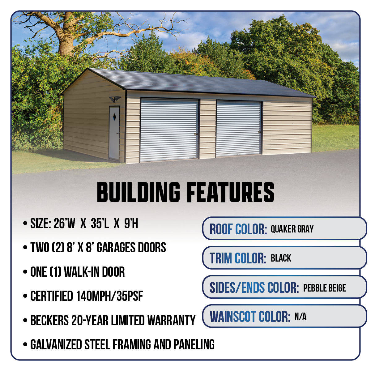 26'W x 35'L x 9'H Double Metal Garage