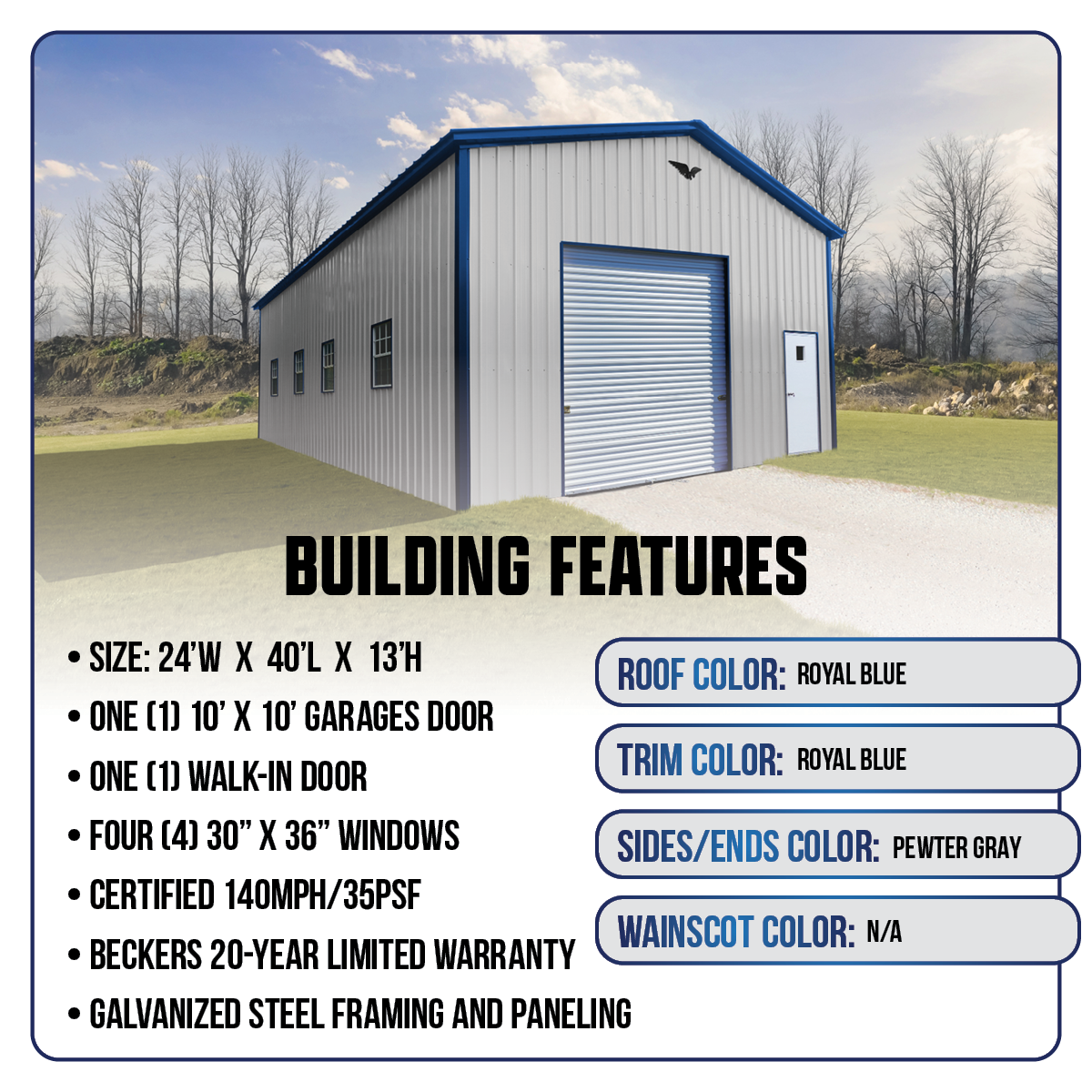 24'W x 40'L x 13'H  Metal Workshop