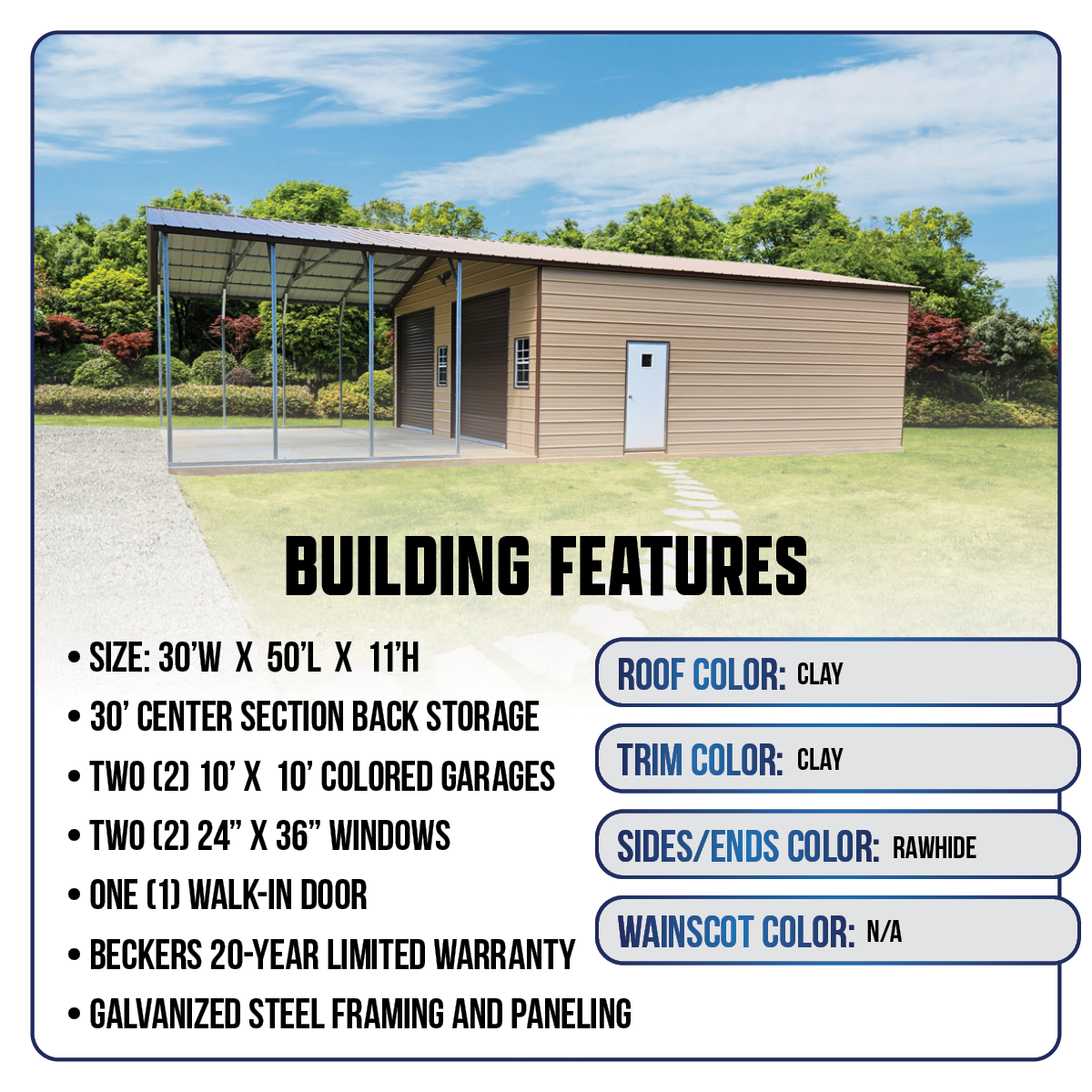 30'W x 50'L x 11'H Triple-Wide Combo Unit