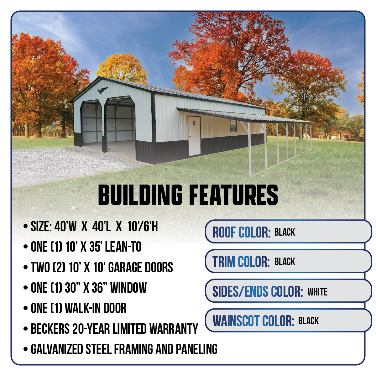 40' x 40' x 10'/6'  Garage with Lean-To