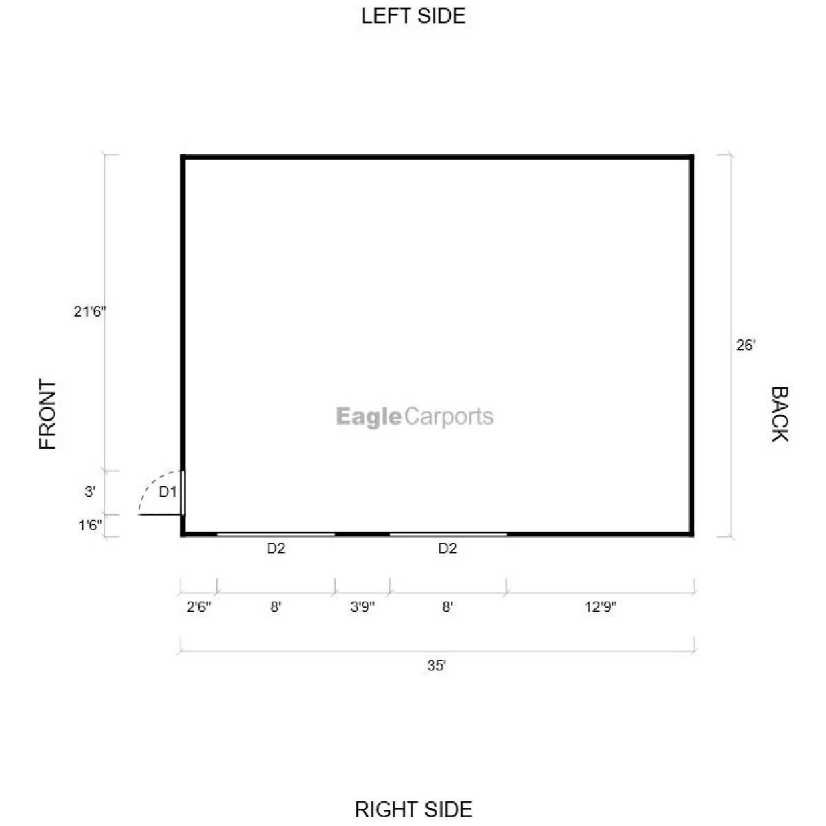 26'W x 35'L x 9'H Double Metal Garage