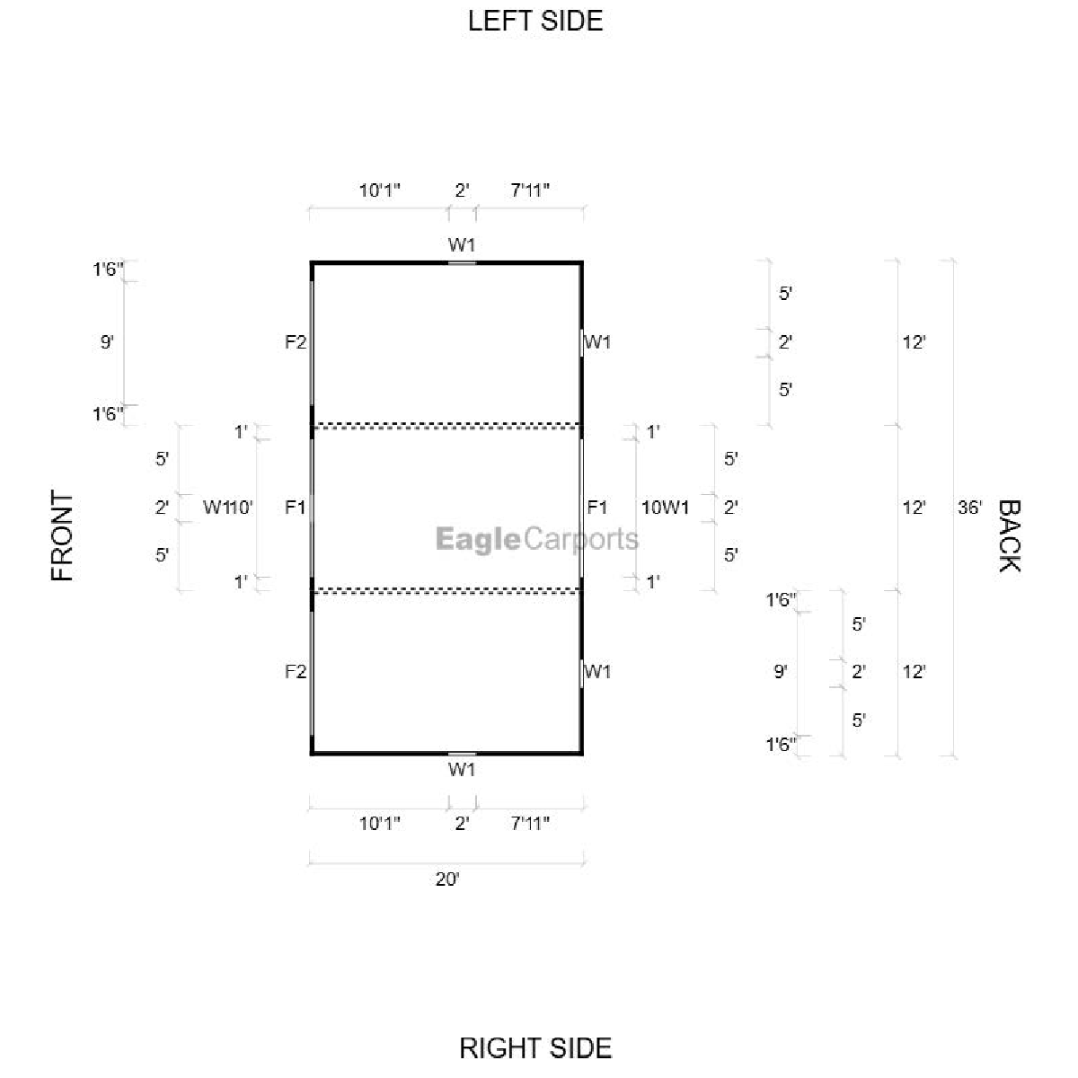 36'W x 20'L x 13'/8'H Metal Horse Barn