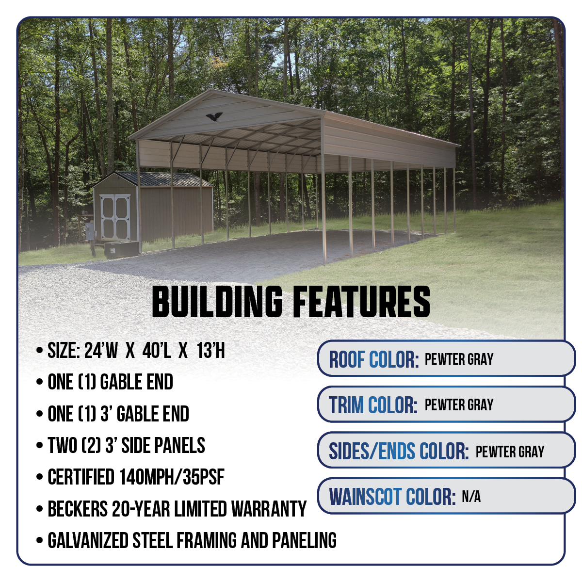 24'W x 40'L x 13'H Metal Carport