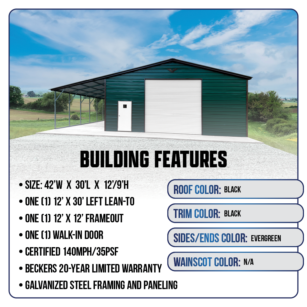 42'W x 30'L x 12'9'H Metal Garage with Lean-To