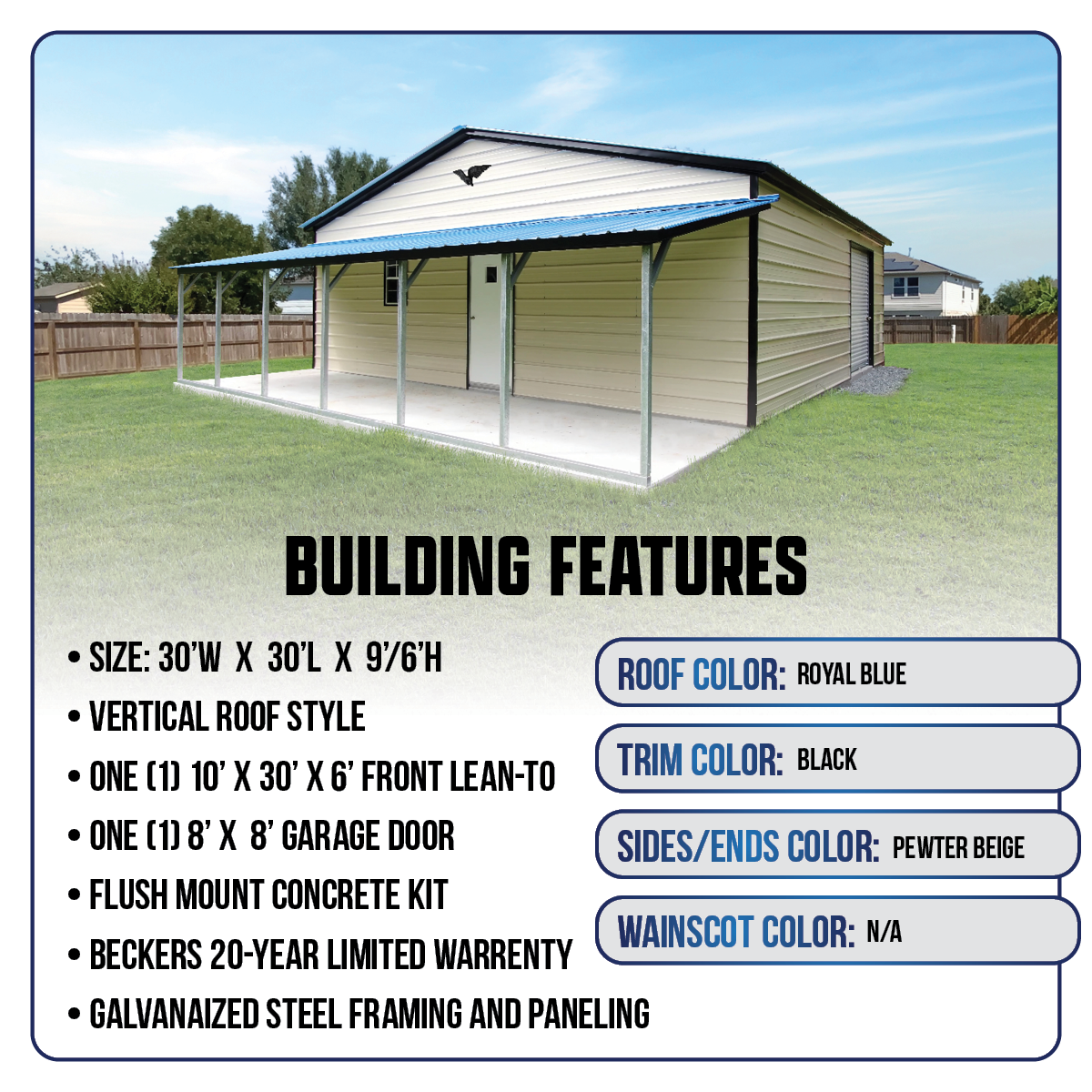 30'W x 30'L Garage w/ Porch