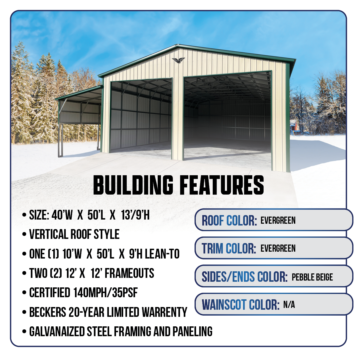 40'W x 50'L Garage w/ Lean-To