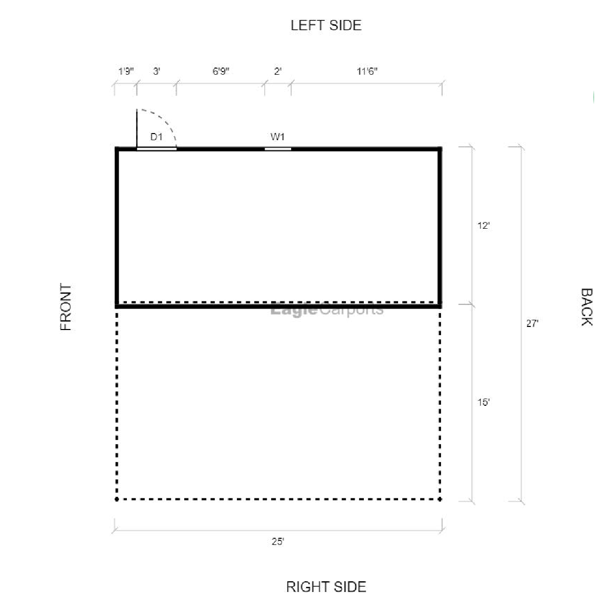 27'W x 25'L Enclosed-Lean Carport