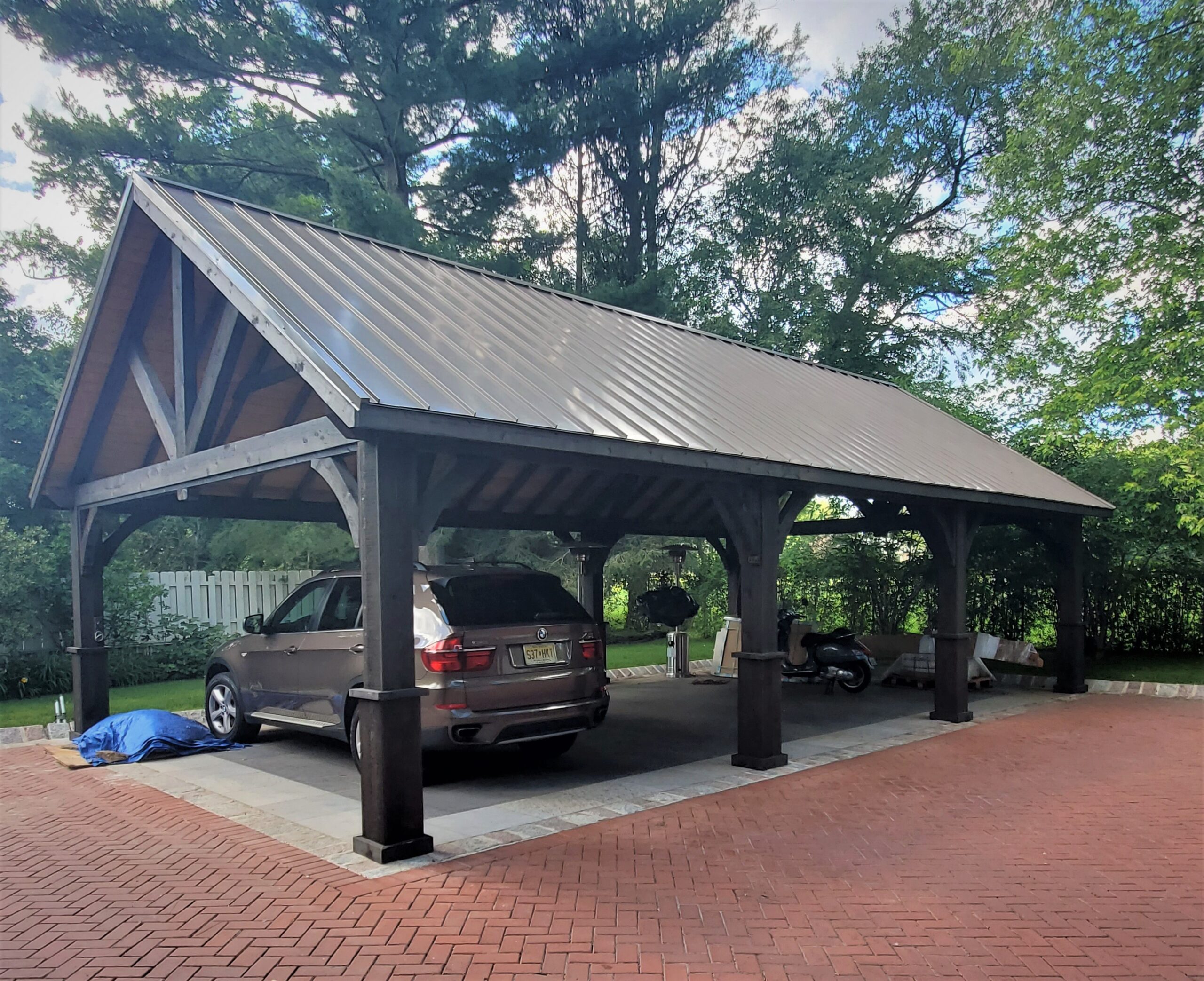20x36 Alpine Pavilion, Cinder Stain post & headers, Golden Oak T&G Ceiling, Bronze 5 V Metal Roof