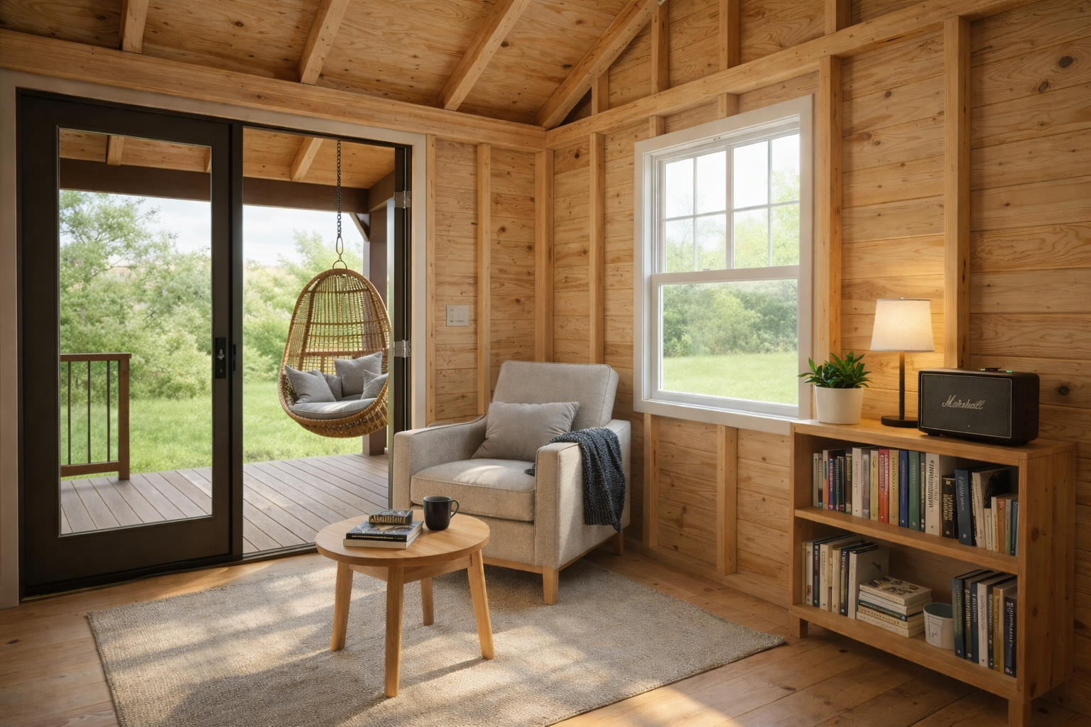 wooden cottage with porch interior   dbb