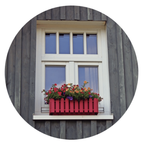 Red window flower box.