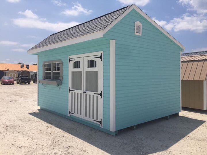 light blue shed